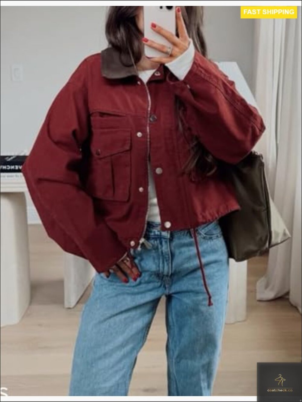 Cropped Utility Jacket Contrast Collar Casual Coat with Pockets - Picture 5 of 7
